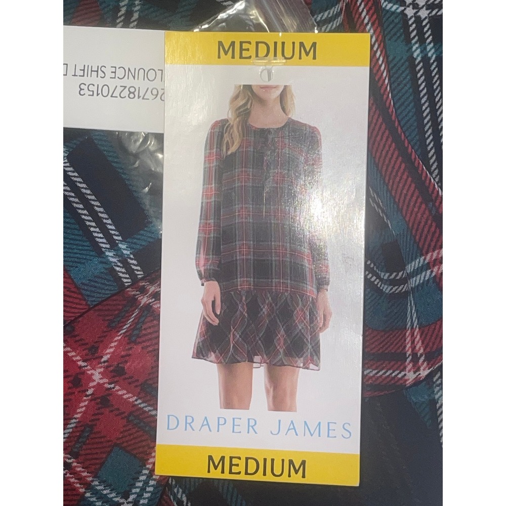 NWT Draper James Tie Neck Flounce‎ Shift Dress Plaid Red Navy Teal Women's M - Picture 6 of 10